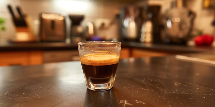 Freshly pulled double shot of espresso in a clear glass cup on a dark countertop, gastronomy photography photo
