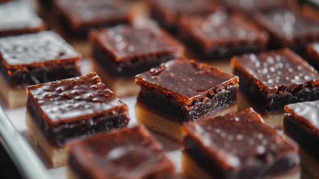Pieces of red bean cake with dark filling arranged on a tray, gastronomy photography photo