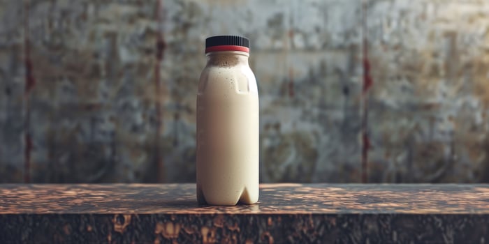 Protein drink container with visible nutritional information, placed on a metal surface, gastronomy photography photo