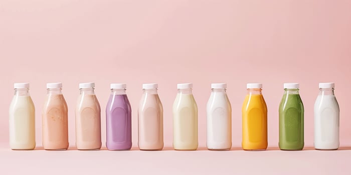 Various bottles of flavored milk, each filled with different flavors, arranged on a plain background, gastronomy photography photo