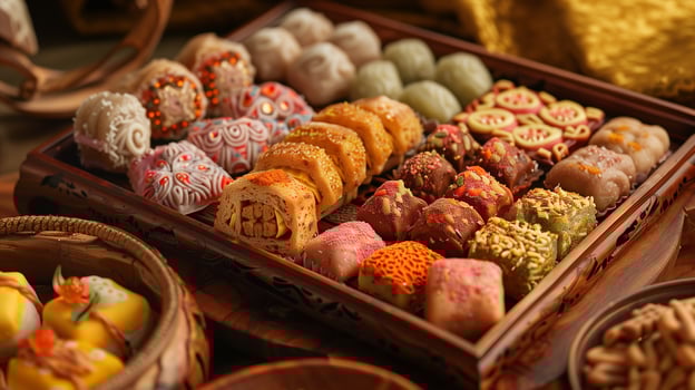Traditional sweet treats with intricate patterns on a wooden serving dish, gastronomy photography photo
