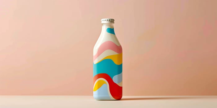 Bottle of yogurt drink with a colorful design, displayed against a solid color backdrop, meal photography photo