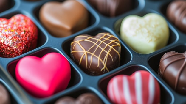 Close-up of heart-shaped chocolates with delicate patterns in a compartmentalized box, meal photography photo
