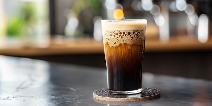 Glass of nitro coffee with bubbles and foam on a table next to a coaster, food setting photo
