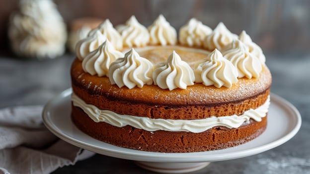 Cake with icing layer and decorative border of piped cream, food setting photo