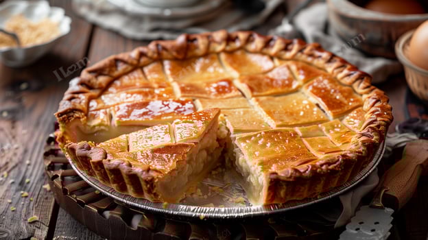 Pie with smooth top layer, fluted crust, and a slice removed, food setting photo