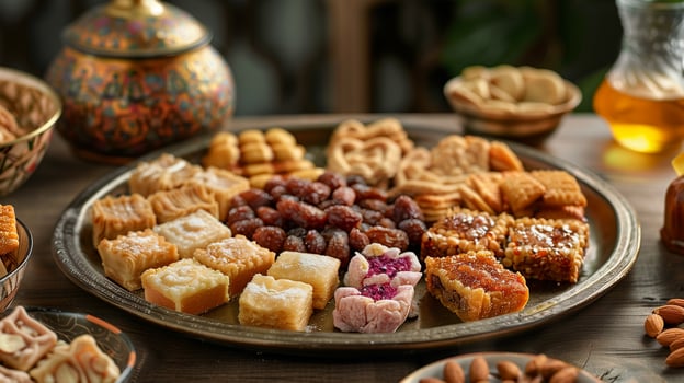 Platter with bite-sized confections, nuts, honey-infused pastries, food setting photo