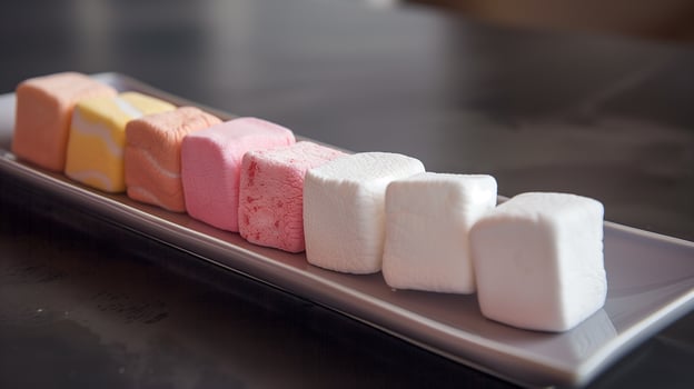 Marshmallows in assorted flavors lined up on a long, narrow dish, food setting photo