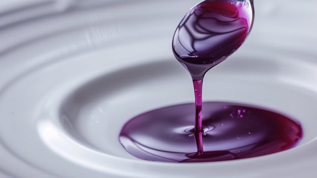 Spoon dripping purple fruit syrup onto a clean white plate, meal photography photo