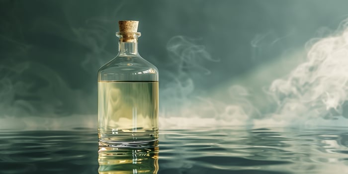Transparent bottle with cloudy liquid, indicating fermentation, on reflective surface, meal photography photo