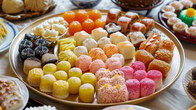 Assorted traditional Asian sweets on a large plain plate, meal photography photo
