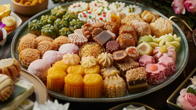Assorted traditional Asian sweets on a large plain plate, food setting photo