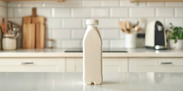 An unopened carton of soy milk standing upright on a white kitchen countertop, food setting photo
