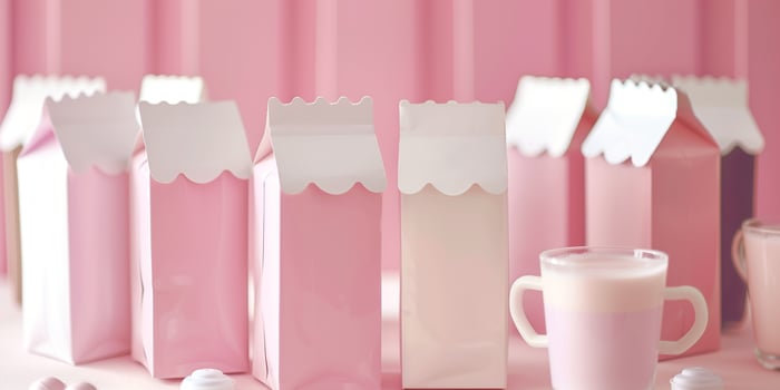 Collection of cartons with chocolate and strawberry flavored milk, neatly arranged on a table, food setting photo
