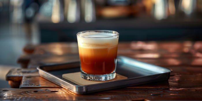 Glass of nitro coffee with a foamy top on a wooden surface, food setting photo