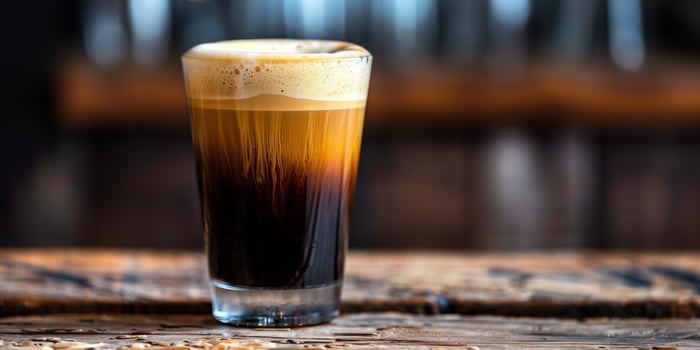 Nitro coffee in a clear cup with foam on top, on a wooden table, meal photography photo