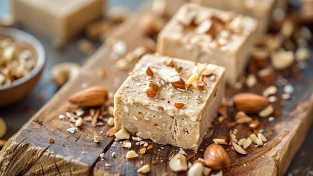 Nut-studded halva slices on a wooden board, showcasing smooth texture, food setting photo