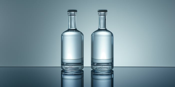 Two vodka bottles standing side by side on a reflective surface, meal photography photo