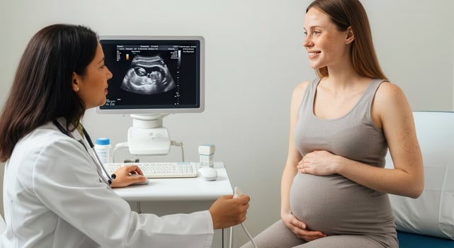Prenatal care consultation with asian female doctor and caucasian pregnant woman photo