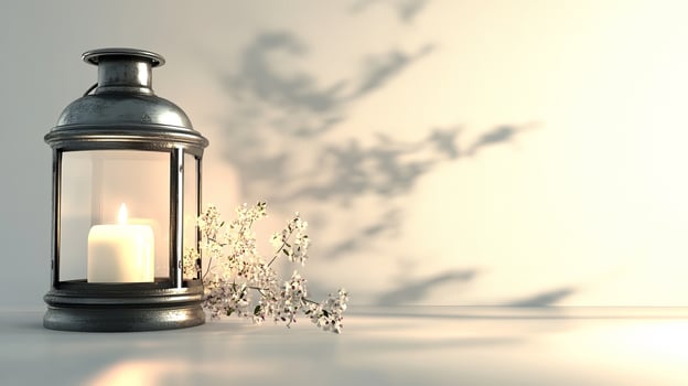 Elegant Lantern with Candle and Delicate Flowers Casting Shadows on a Minimalist Background photo