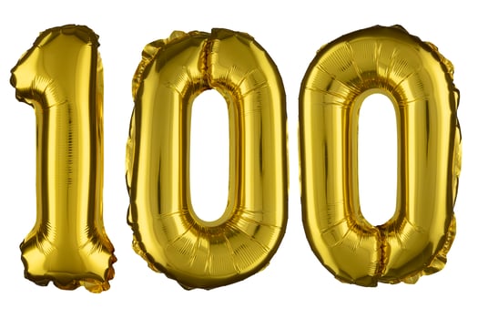 Helium gold balloon number one hundred 100 isolated on white. photo