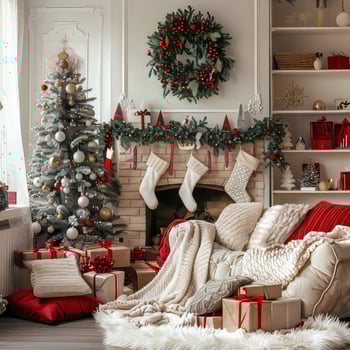 A white couch is in front of a fireplace with a wreath on the mantle photo