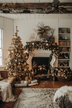 A cozy living room with a Christmas tree and a fireplace photo