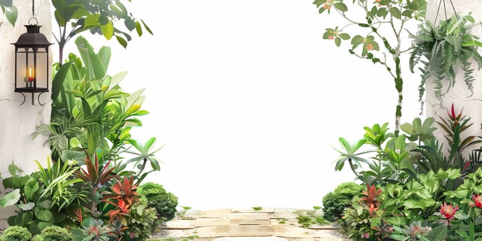 Lush Green Garden Pathway with Lantern and Tropical Plants on White Background photo