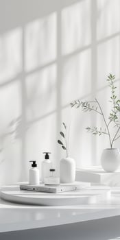 Minimalist Bathroom Decor with White Bottles and Greenery in Sunlit Space photo