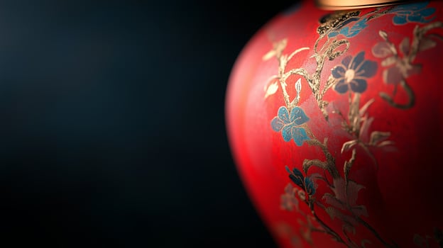 Decorative red vase showcasing intricate floral patterns against a dark background photo