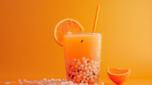 A vibrant glass filled with orange bubble tea featuring tapioca pearls. A slice of orange garnishes the glass, adding a touch of freshness. photo