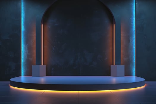 Modern Minimalist Stage with Neon Lighting and Dark Background photo
