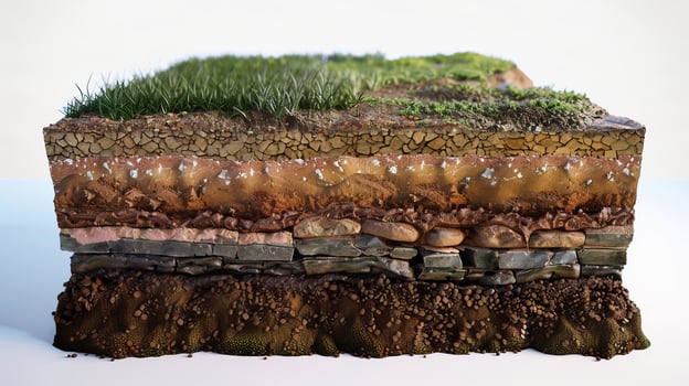 Cross-Section of Soil Layers with Grass and Rocks Illustrating Geological photo