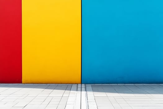 Vibrant Minimalist Wall with Red, Yellow, and Blue Panels in Urban Setting photo
