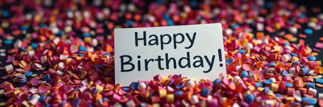 Colorful confetti surrounds a birthday card in a festive celebration atmosphere photo