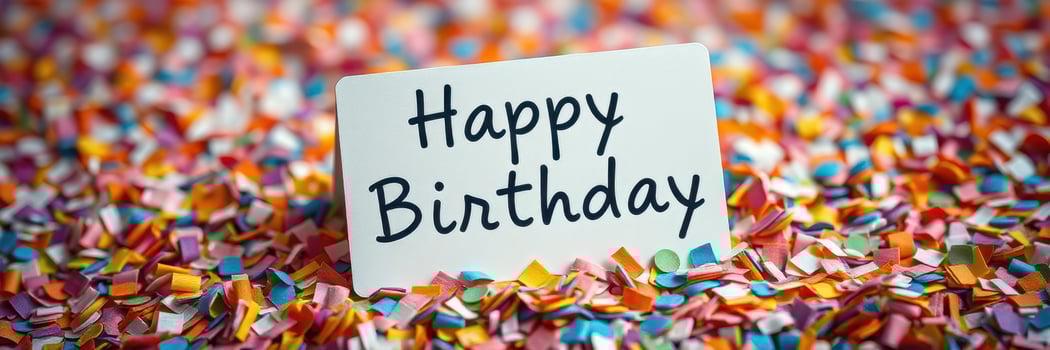 Brightly colored confetti surrounds a card that expresses warm birthday wishes on a celebratory occasion photo