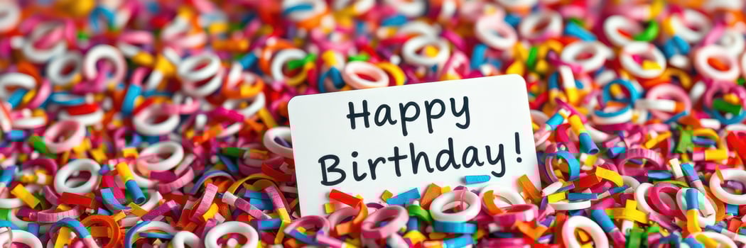 Colorful birthday celebration with sprinkles and a greeting card on a vibrant background of decorations photo