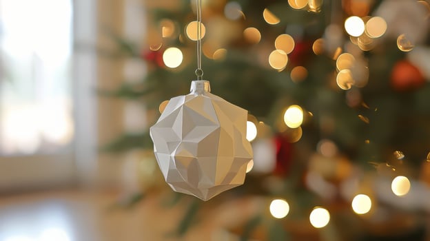 A white ornament hanging from a Christmas tree photo
