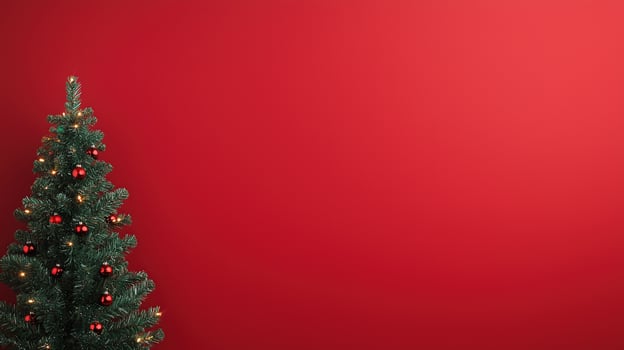 Festive Christmas Background Featuring Decorated Christmas Tree Against Vibrant Red Backdrop Perfect for Holiday Greetings, Seasonal Designs, Winter Celebrations, and Festive Cards photo