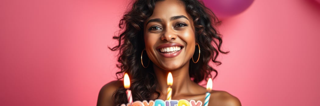 Woman celebrates her birthday with a joyful smile, holding a cake with candles against a colorful backdrop photo