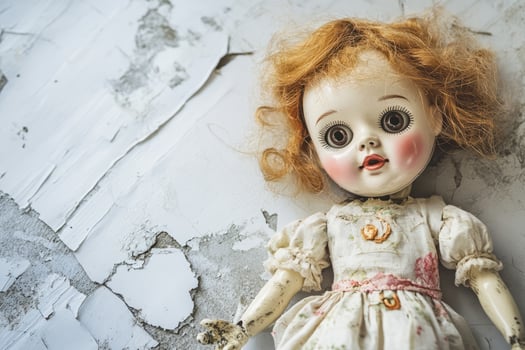 Vintage Porcelain Doll with Red Hair on Weathered Background photo