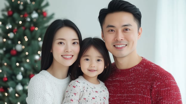 Happy Asian Family of Three Smiling at Camera in Festive Christmas Setting with Decorated Tree in Background Celebrating Holiday Season Indoors Heartwarming Moments of Togetherness and Joy photo