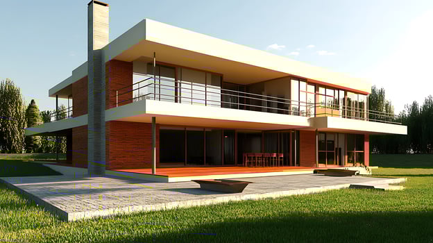 High-definition architectural photo of a luxury duplex house with sleek details
