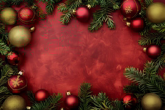 A red background with a green tree and gold and red balls photo