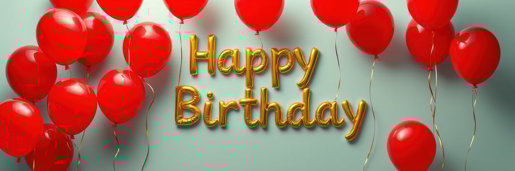 Colorful birthday celebration with red balloons and golden text wishing happy birthday photo