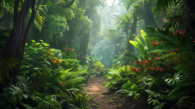 Dense rainforest with vibrant flora. photo