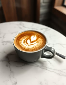 Beautiful latte art in a grey cup on a marble table in a cozy cafe photo