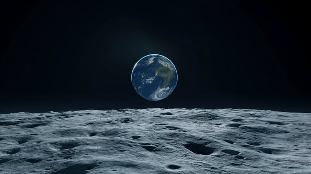 Lifeless moon surface against distant earth globe image. Planet with atmosphere in dark void view from moon photography scene wallpaper. Space bodies concept photorealistic photo