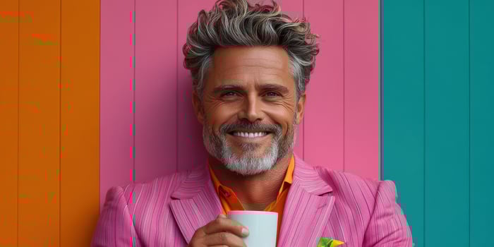 Stylish man enjoying coffee in vibrant setting photo