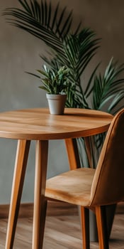 Cozy wooden table setup with a plant and chair photo